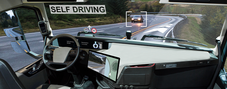 View from front window of a self driving truck