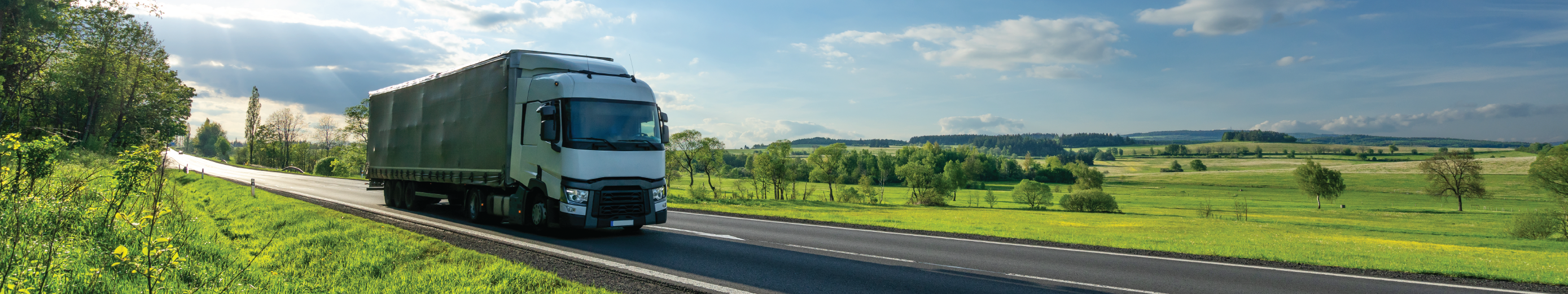 White truck driving on the asphalt road in a green rural landscape