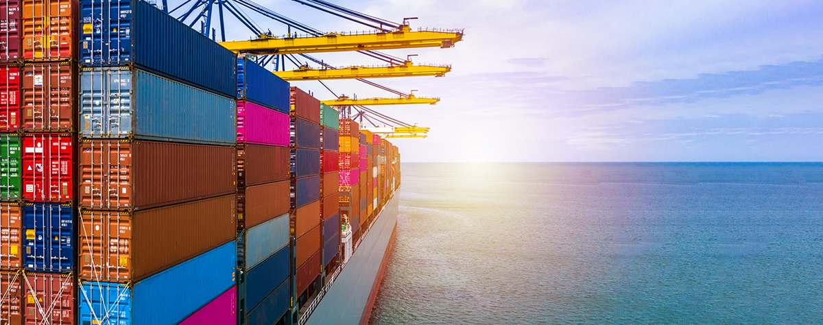 Container ship carrying container box in import export with quay crane